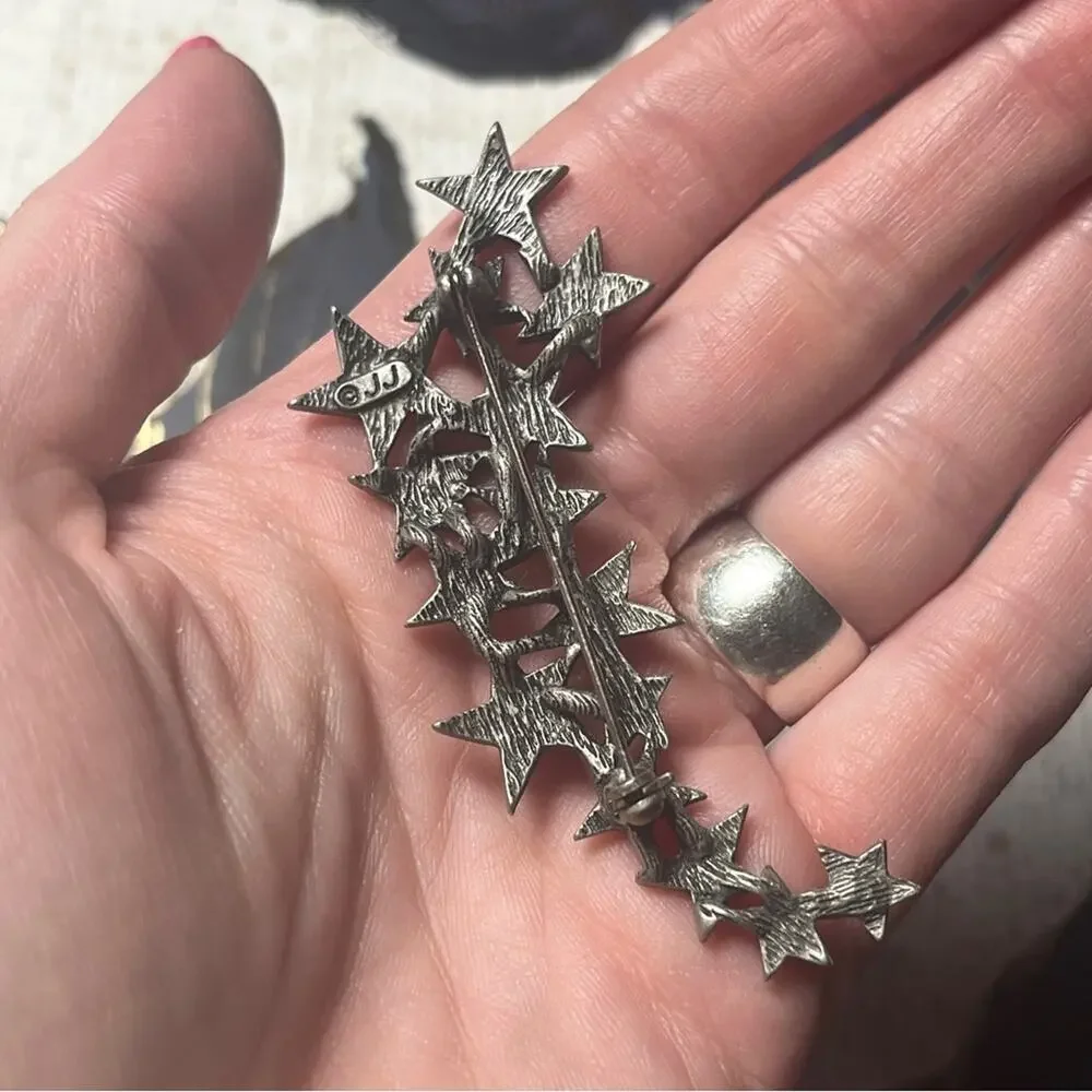 Vintage 80s 1980s Large J J Jonette Silver Star Crystal Brooch Pin D2